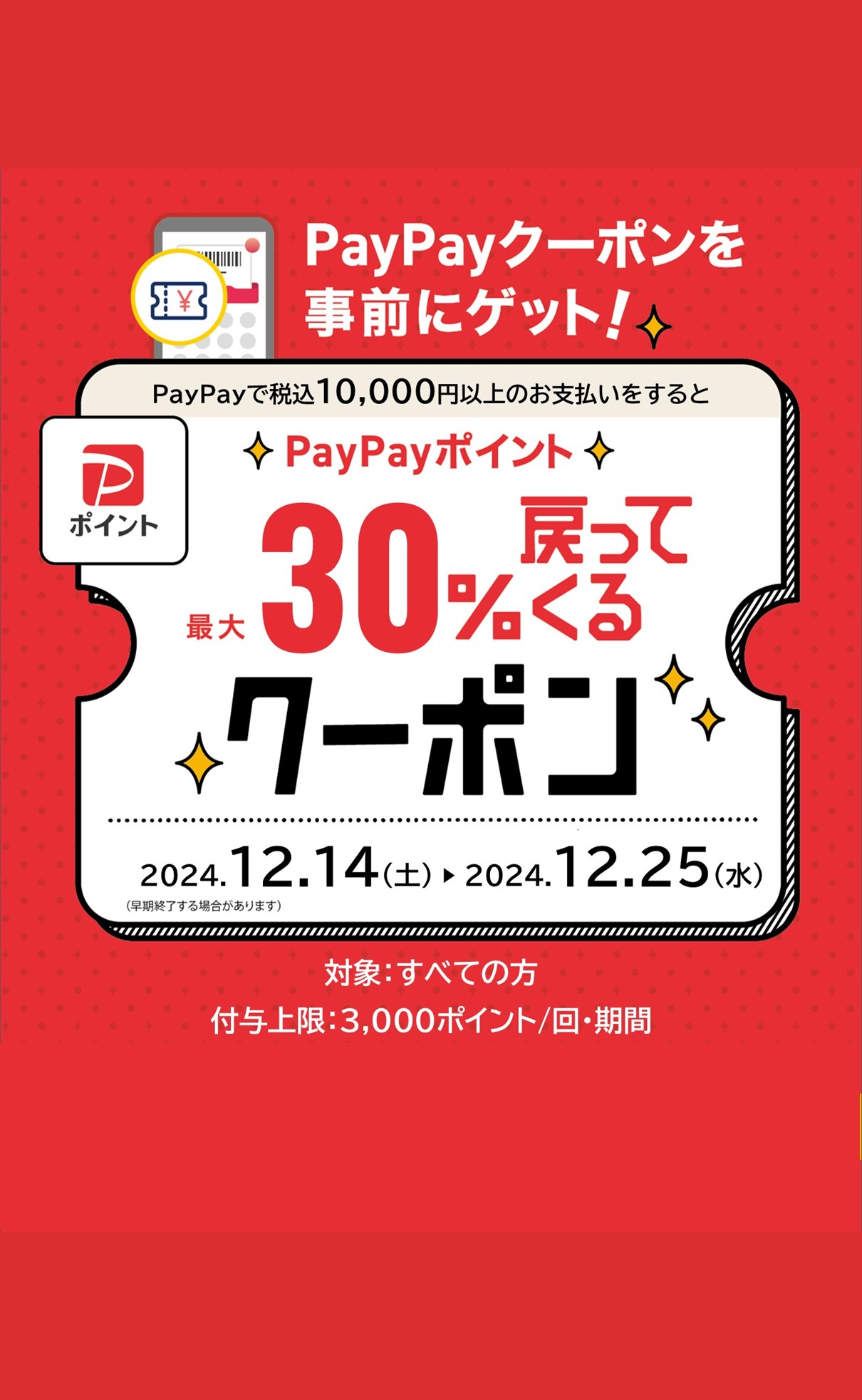 PayPayで税込10,000円以上のお支払いで、最大30％還元！　～12月25日まで